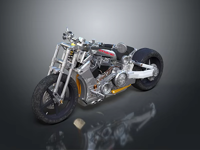 Sleek Custom Motorcycle In Metallic Silver Black With Wide Tires And Engine Details 3d model