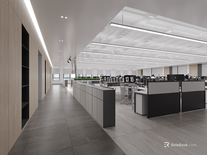 Modern Public Office Interior With Workstations Computers And Ceiling Lights 3d model 