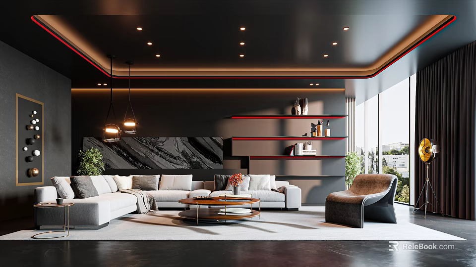 Modern Dark Living Room With Sofas Artwork Red Shelves And Large Windows 3d model