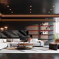 Modern Dark Living Room With Sofas Artwork Red Shelves And Large Windows 3d model
