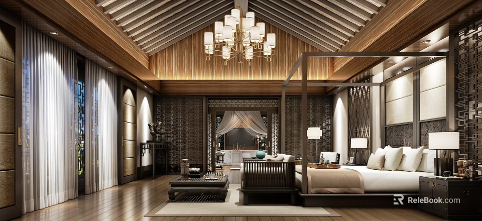 Chinese Style Hotel Guest Room Featuring Wooden Ceiling Chandelier Wooden Furniture Sofa Bed Screen Carpet 3d model 