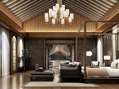 Chinese Style Hotel Guest Room Featuring Wooden Ceiling Chandelier Wooden Furniture Sofa Bed Screen Carpet 3d model