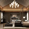 Chinese Style Hotel Guest Room Featuring Wooden Ceiling Chandelier Wooden Furniture Sofa Bed Screen Carpet