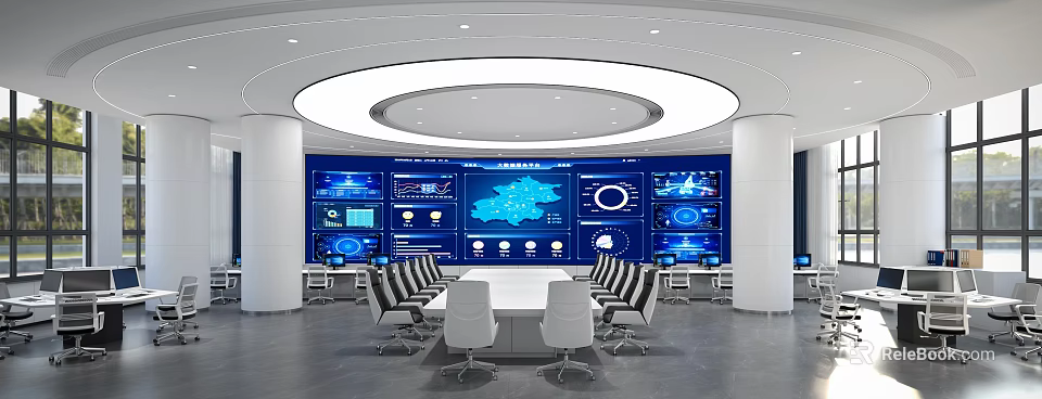 High Tech Monitoring Room With Data Screens And Conference Table 3d model 