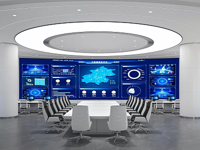 High Tech Monitoring Room With Data Screens And Conference Table 3d model