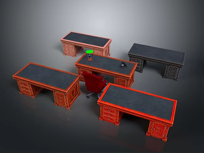 Multiple Modern Dining Tables With Red Black Tabletops Drawers And Chairs 3d model