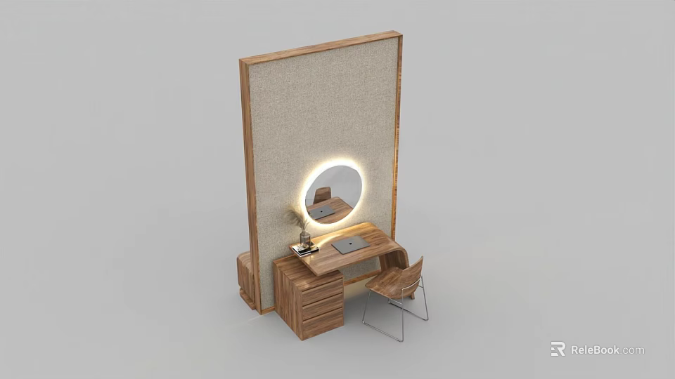 Modern Wooden Dressing Table With Round Lighted Mirror Drawers And Chair 3d model 