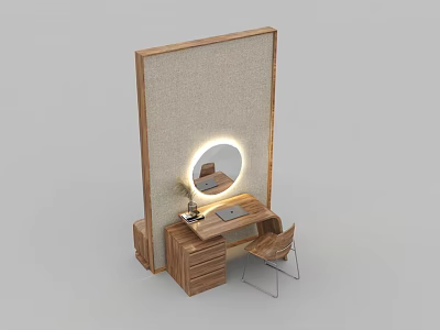 Modern Wooden Dressing Table With Round Lighted Mirror Drawers And Chair 3d model