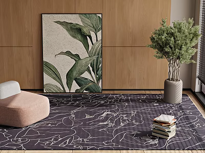 Square Rug In Modern Living Room With Art And Plants 3d model