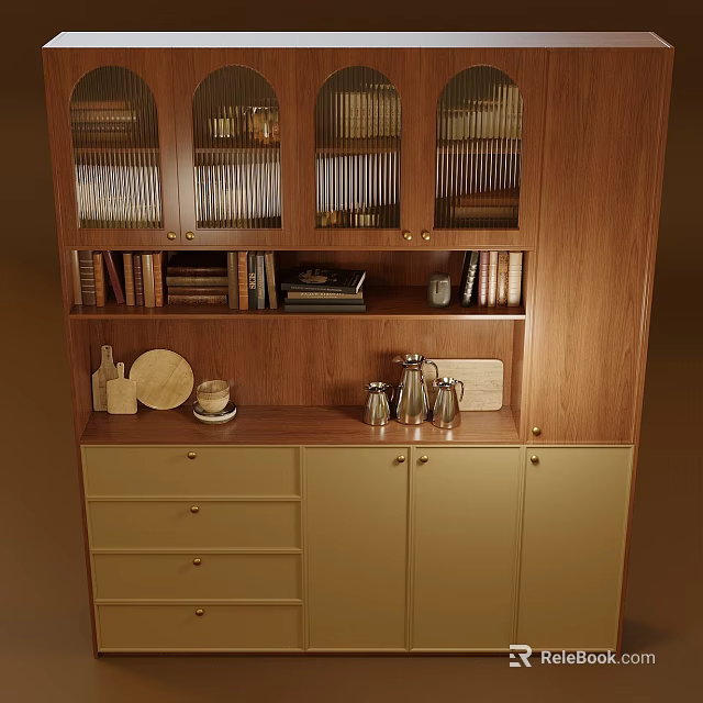 Stylish Wooden Sideboard with Glass Doors Beige Cabinets Drawers Tabletop Tea Set and Plates 3d model 