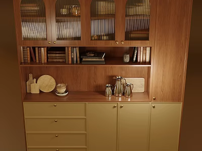 Stylish Wooden Sideboard with Glass Doors Beige Cabinets Drawers Tabletop Tea Set and Plates 3d model