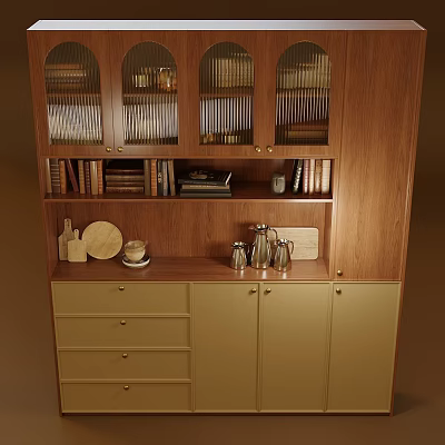 Stylish Wooden Sideboard with Glass Doors Beige Cabinets Drawers Tabletop Tea Set and Plates 3d model