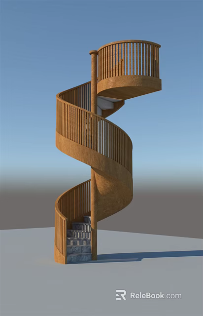 Elegant Wooden Spiral Staircase With Modern Curved Structure And Stylish Handrails 3d model 