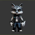 Cute Cartoon Wolf Figure Wearing Black Vest And Blue Jeans Standing On Dark Background