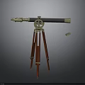 Vintage Brass Telescope Mounted On Red Wooden Tripod With Decorative Ring