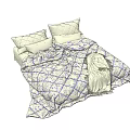 Double Bed With Patterned Quilt Decorative Pillows And Throw Blanket In Bedroom 3d model