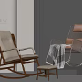 Modern Rocking Leisure Chairs with Beige Brown Cushions Wooden White Frames and Blanket
