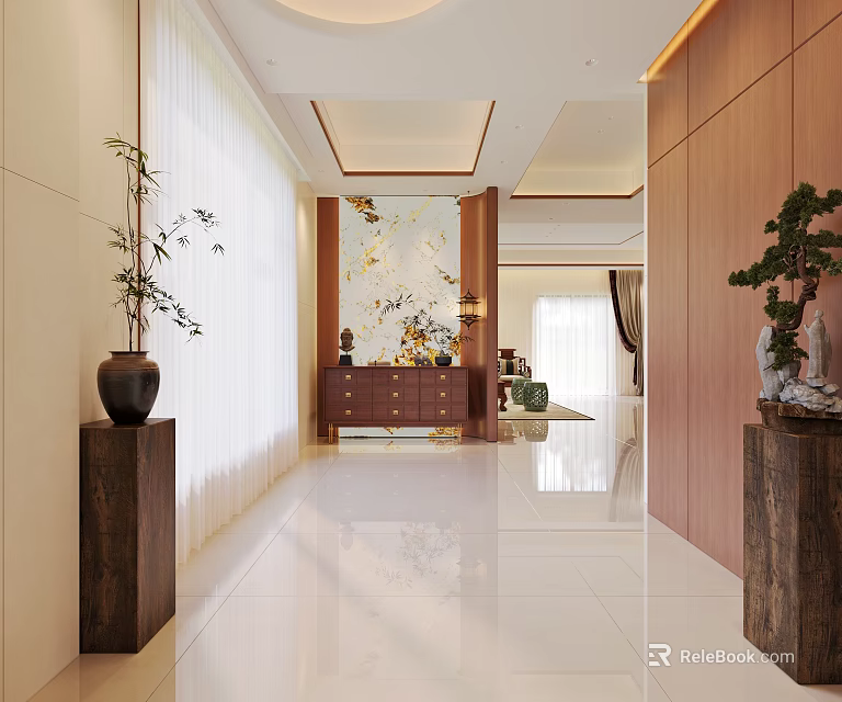 Modern Elegant Entryway Hall Interior With White Floor Tiles Wooden Decor And Green Plants 3d model 