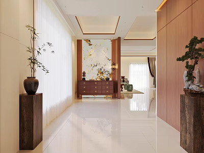 Modern Elegant Entryway Hall Interior With White Floor Tiles Wooden Decor And Green Plants 3d model