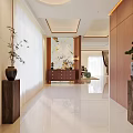 Modern Elegant Entryway Hall Interior With White Floor Tiles Wooden Decor And Green Plants
