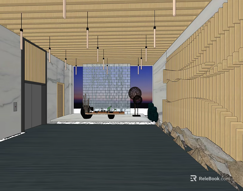 Elevator Hallway Interior Design With Wooden Ceiling Hanging Lights And Textured Walls 3d model 
