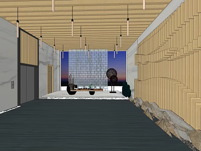 Elevator Hallway Interior Design With Wooden Ceiling Hanging Lights And Textured Walls 3d model
