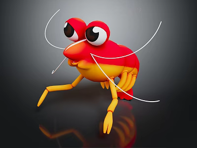 Cartoon Shrimp Character With Red Yellow Body Big Eyes Long Antennae And Yellow Legs On Black Background 3d model