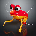 Cartoon Shrimp Character With Red Yellow Body Big Eyes Long Antennae And Yellow Legs On Black Background
