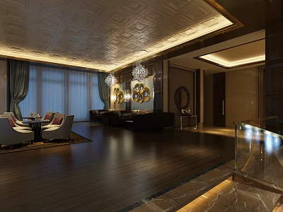 Luxury Sales Office Interior With Chandelier Sofa Wooden Floor And Decorative Wall Art 3d model