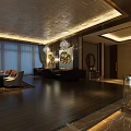 Luxury Sales Office Interior With Chandelier Sofa Wooden Floor And Decorative Wall Art