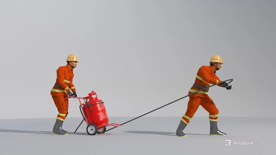 Men In Orange Firefighting Uniforms Wearing Safety Helmets Pushing Red Gas Cylinder Cart 3d model 
