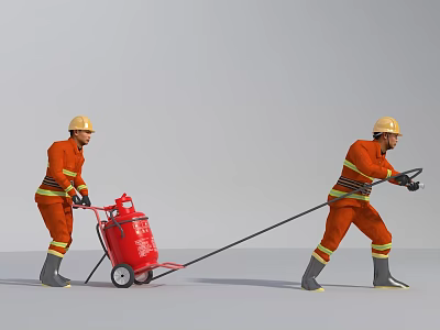Men In Orange Firefighting Uniforms Wearing Safety Helmets Pushing Red Gas Cylinder Cart 3d model