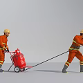 Men In Orange Firefighting Uniforms Wearing Safety Helmets Pushing Red Gas Cylinder Cart