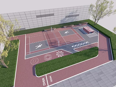 Outdoor Recreational Fitness Path With Exercise Figures Trees Green Lawn And Red Track 3d model
