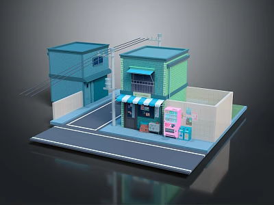 Cartoon Scene With Blue Green Buildings Striped Awning And Pink Vending Machine On Street 3d model