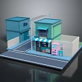 Cartoon Scene With Blue Green Buildings Striped Awning And Pink Vending Machine On Street