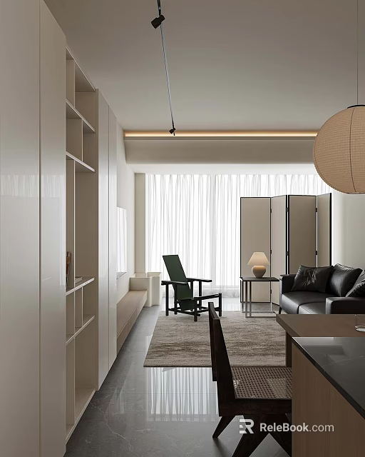 Minimalist Modern Living and Dining Room Interior With Black Sofa Green Chair And Pendant Lamp 3d model 