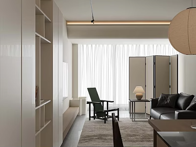 Minimalist Modern Living and Dining Room Interior With Black Sofa Green Chair And Pendant Lamp 3d model