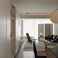 Minimalist Modern Living and Dining Room Interior With Black Sofa Green Chair And Pendant Lamp