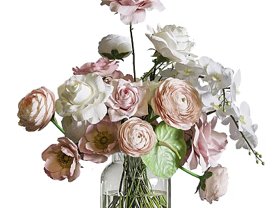 Fresh Mixed Pink And White Flowers In Clear Glass Vase With Natural Green Leaves 3d model