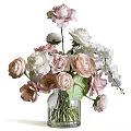 Fresh Mixed Pink And White Flowers In Clear Glass Vase With Natural Green Leaves