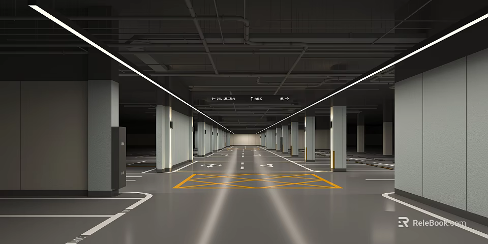 Spacious Modern Parking Garage With Bright Lighting Concrete Pillars And Yellow Lines 3d model 