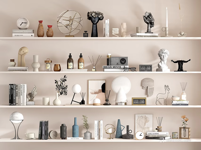 Elegant Decorative Ornaments Collection With Vases Sculptures Frames Lamps And Books On Shelves 3d model 