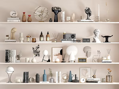 Elegant Decorative Ornaments Collection With Vases Sculptures Frames Lamps And Books On Shelves 3d model