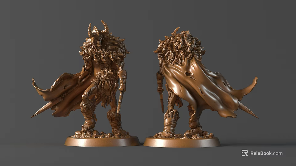Detailed Bronze Fantasy Warrior Sculptures With Horned Helmets Cloaked Figures And Weapons On Base 3d model 