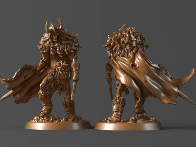 Detailed Bronze Fantasy Warrior Sculptures With Horned Helmets Cloaked Figures And Weapons On Base 3d model