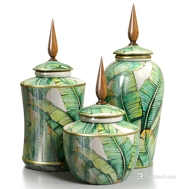 Decorative Ceramic Jars With Green Banana Leaf Patterns Gold Trim And Wooden Pointed Lids 3d model 