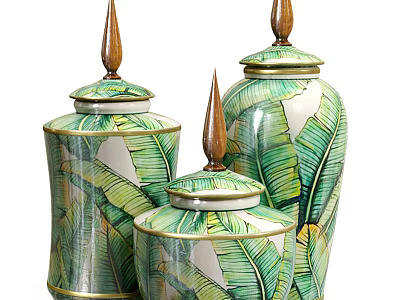 Decorative Ceramic Jars With Green Banana Leaf Patterns Gold Trim And Wooden Pointed Lids 3d model