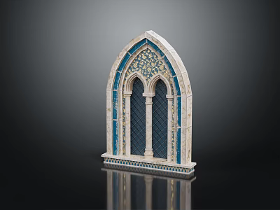 Arched Entrance Gate with Blue Decorations Intricate Patterns Columns and Glass Panels 3d model