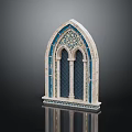 Arched Entrance Gate with Blue Decorations Intricate Patterns Columns and Glass Panels